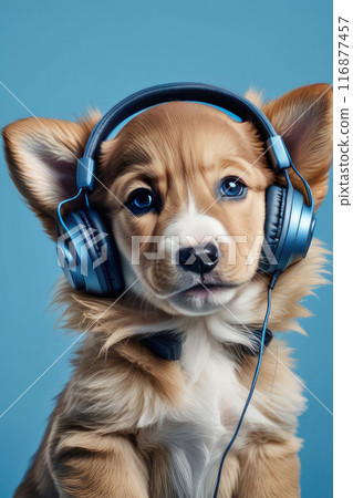 Happy puppy Golden Retriever wearing headphones portrait listening to music on isolated on blue background. 116877457
