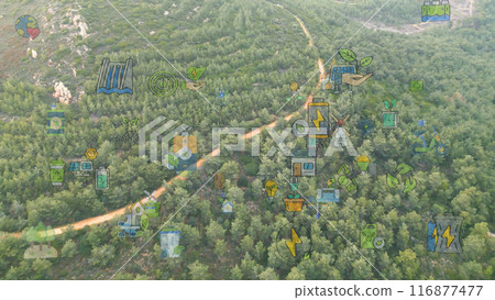 Green forest aerial view and environmental technology concept. Green tech. Ecology. Green transformation. GX. SDGs. High quality 4k video Green forest aerial view and environmental technology concept. Green tech. Ecology. Green transformation. GX. SDGs. High quality 4k video 116877477