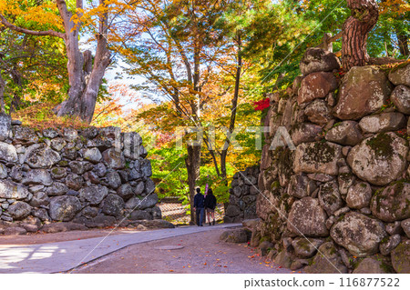 [長野縣]紅葉季節的小諸城跡懷古園的石雕 116877522