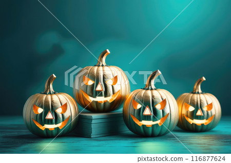 Halloween background with a glowing gold Halloween Jack-o'-Lantern and smoke on soft turquoise background. 116877624