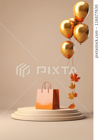 Happy promotion autumn sale concept with orange leaves maple and balloons on a beige background. 116877630