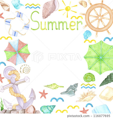 Hand drawn watercolor summer frame border isolated on white background. Marine illustration can be used for card, label, invitation and other printed products. 116877695