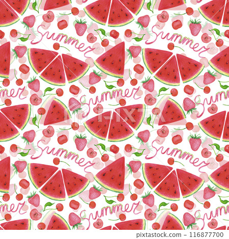 Hand drawn watercolor ripe berries and watermelon seamless pattern isolated on white background. Can be used for textile, fabric and other printed products. 116877700