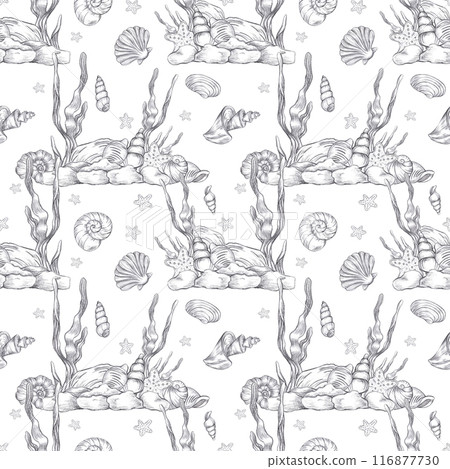 Hand drawn black coal pencil ocean floor seamless pattern isolated on white background. Marine illustration can be used for textile, fabric, scrapbook and other printed products. Hand drawn black coal pencil ocean floor seamless pattern isolated on white background. Marine illustration can be used for textile, fabric, scrapbook and other printed products. 116877730