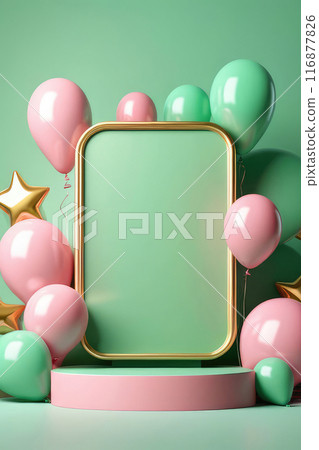 Happy greeting with podium and pink balloons elements for birth day mock up decoration on a green background. Happy greeting with podium and pink balloons elements for birth day mock up decoration on a green background. 116877826