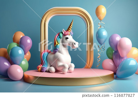 Happy birthday blank podium with rainbow balloons, in the shape of a unicorn on a blue background. 116877827