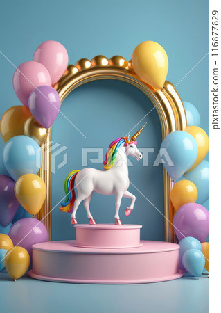 Happy birthday blank podium with rainbow balloons, in the shape of a unicorn on a blue background. 116877829