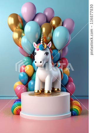 Happy birthday blank podium with rainbow balloons, in the shape of a unicorn on a blue background. 116877830