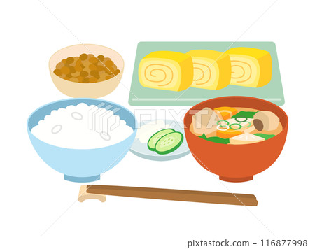 Illustration of a Japanese breakfast of miso soup, tamagoyaki (egg roll), natto and white rice (with chopsticks) Illustration of a Japanese breakfast of miso soup, tamagoyaki (egg roll), natto and white rice (with chopsticks) 116877998
