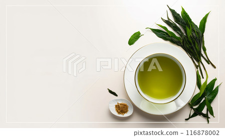 Green tea leaves on pearl white background 116878002
