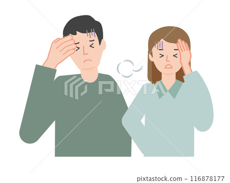 A young couple sighing with anxiety and holding their heads A young couple sighing with anxiety and holding their heads 116878177
