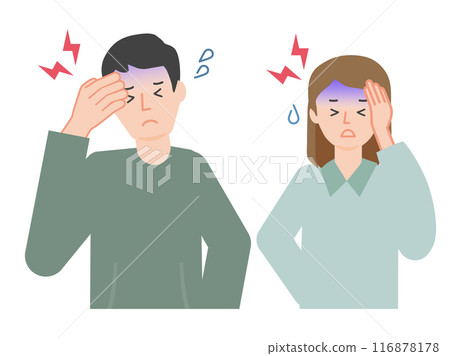 Young couple holding their heads with a headache 116878178