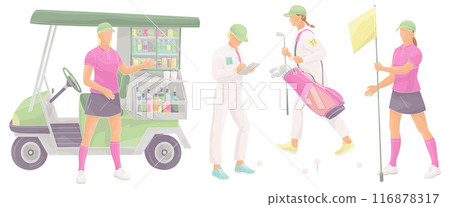 golf club staff  female caddie, beverage cart, caddy girls with flag, golf bag, clubs, golf clash notebook  116878317