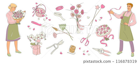 florist male and female characters and set element  florist tools and accessories flowers bouquets knife cutter scissor 116878319