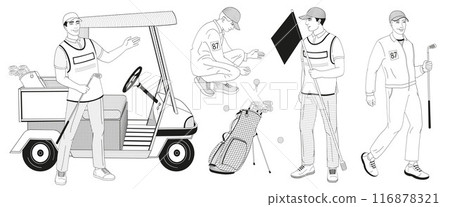 smiling golf club staff part 3 male  caddie, golf cart, caddy man with flag, golf ball, clubs, golf bag  116878321
