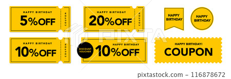 可用於生日銷售的流行黃色和黑色優惠券向量圖示集 可用於生日銷售的流行黃色和黑色優惠券向量圖示集 116878672