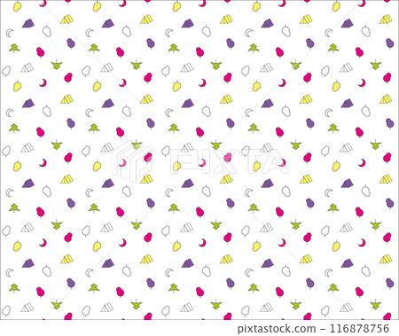 Vector Seamless Pattern in Tourism style with colorful moon, tents, trees. Abstract Geometric texture in Trekking and Hiking theme. For printing on fabric, wallpaper, wrapping paper, decor, surface Vector Seamless Pattern in Tourism style with colorful moon, tents, trees. Abstract Geometric texture in Trekking and Hiking theme. For printing on fabric, wallpaper, wrapping paper, decor, surface 116878756