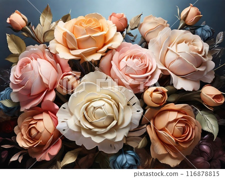 A bouquet of roses in pastel colors on a blue background 116878815