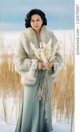 Stunning Young Woman Poses Gracefully Against a Winter Landscape Stunning Young Woman Poses Gracefully Against a Winter Landscape 116878867