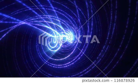 Abstract bright blue background tunnel with flying lines of energy particles and light rays Abstract bright blue background tunnel with flying lines of energy particles and light rays 116878926