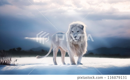 一隻孤獨的白獅子穿過被早晨的陽光耀眼的白雪草地。 一隻孤獨的白獅子穿過被早晨的陽光耀眼的白雪草地。 116879131