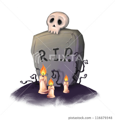 Gravestone with rest in peace inscription. Ancient rip illustration. Halloween elements for decor concept Gravestone with rest in peace inscription. Ancient rip illustration. Halloween elements for decor concept 116879348