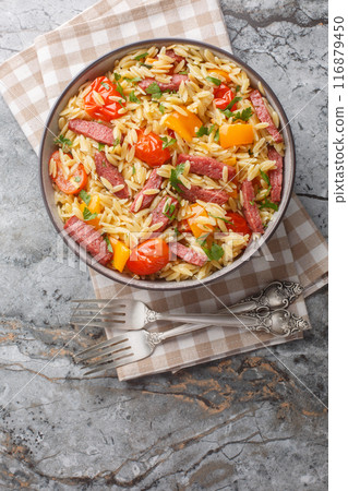 Risoni pasta with salami sausage, bell pepper, garlic and tomatoes close-up in a bowl. Vertical top view Risoni pasta with salami sausage, bell pepper, garlic and tomatoes close-up in a bowl. Vertical top view 116879450