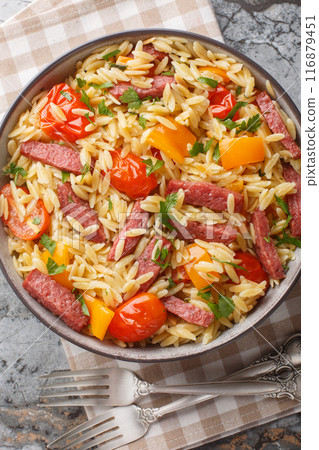 Risoni pasta with fried salami sausage and stewed vegetables close-up in a bowl on the table. Vertical top view 116879451