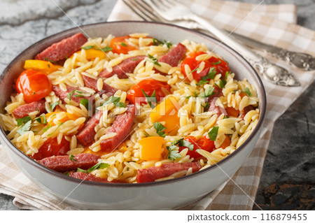 Warm orzo pasta salad with salami sausage, bell pepper, garlic and tomatoes close-up in a bowl. Horizontal Warm orzo pasta salad with salami sausage, bell pepper, garlic and tomatoes close-up in a bowl. Horizontal 116879455