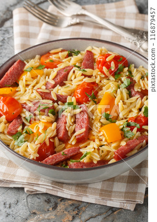 Risoni pasta with salami sausage, bell pepper, garlic and tomatoes close-up in a bowl. Vertical 116879457