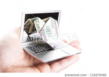 image of computer money banknote hand white background image of computer money banknote hand white background 116879486