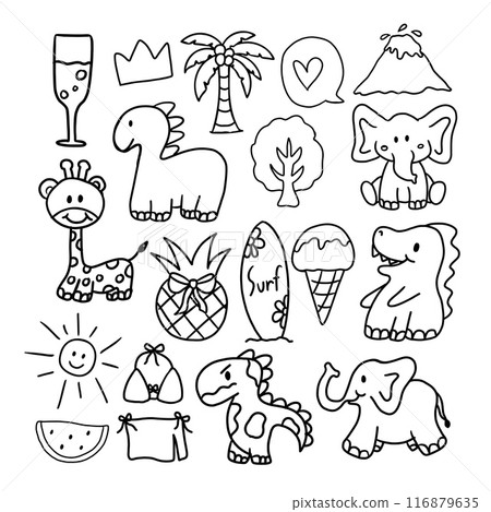 Outlines drawing of dinosaurs, elephants, giraffe, coconut tree, watermelon, sun, ice cream, surf, bikini, pineapple, champagne drink for kid colouring book, summer, zoo, theme park, cartoon character Outlines drawing of dinosaurs, elephants, giraffe, coconut tree, watermelon, sun, ice cream, surf, bikini, pineapple, champagne drink for kid colouring book, summer, zoo, theme park, cartoon character 116879635