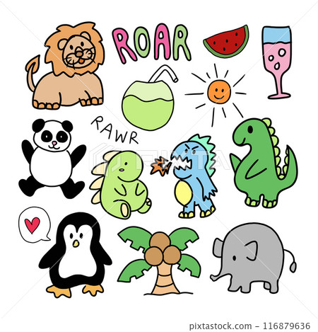 Hand drawn dinosaurs, elephants, lion, coconut drink, watermelon, panda, penguin, coconut tree, champagne drink for summer, zoo, amusement park, cartoon character, brooch, cute patches, family trip Hand drawn dinosaurs, elephants, lion, coconut drink, watermelon, panda, penguin, coconut tree, champagne drink for summer, zoo, amusement park, cartoon character, brooch, cute patches, family trip 116879636