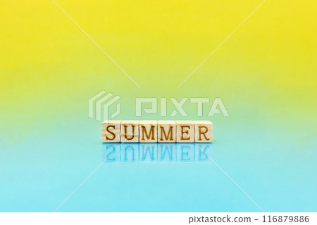 A soft yellow background with the English word SUMMER reflected on the water surface A soft yellow background with the English word SUMMER reflected on the water surface 116879886
