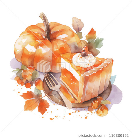 A slice of pumpkin pie sits on a plate with a fork next to it. The pie is topped with whipped cream and surrounded by autumn leaves A slice of pumpkin pie sits on a plate with a fork next to it. The pie is topped with whipped cream and surrounded by autumn leaves 116880131