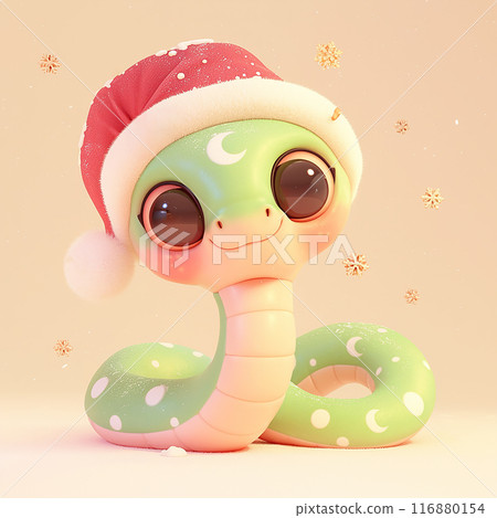 A green snake wearing a Santa hat. The snake is smiling and looking at the camera. The snowflakes in the background give the image a wintery feel 116880154