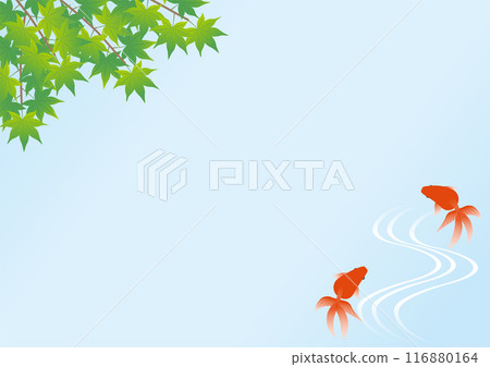Background illustration of blue maple leaves and swimming red goldfish_horizontal_2 Background illustration of blue maple leaves and swimming red goldfish_horizontal_2 116880164