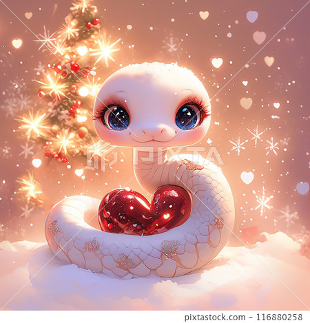 2025 3D cute little snake is holding a red heart in its mouth. The image has a warm and cozy feeling, with the snake surrounded by snow and a Christmas tree in the background. The heart symbolizes 116880258