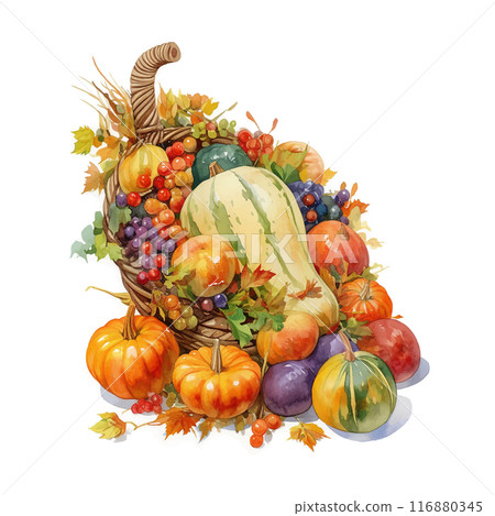 Cornucopia basket of fruits and vegetables including apples, grapes, and squash. The basket is filled with a variety of colors and textures, creating a vibrant and lively scene 116880345
