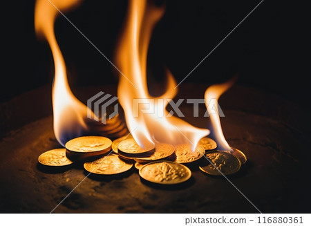 Burning gold coin 116880361