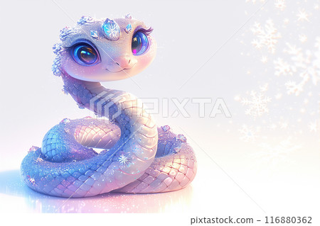 3D cute snake with blue eyes and a pink body. The snake is wearing a crown of crystals 2025 116880362