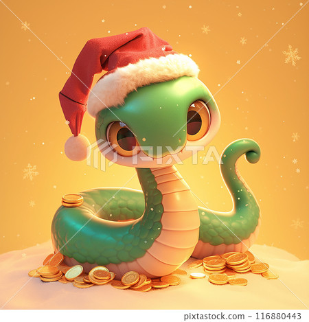 2025 green snake wearing a red hat and a bell on its hat. The snake is sitting on a pile of gold coins 116880443