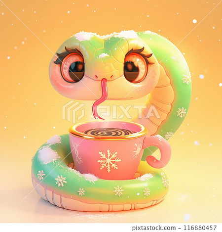 3D 2025 cartoon snake is sitting on a cup of coffee. The cup has a heart on it and the snake is looking up at the camera. The image has a playful and whimsical mood, with the snake being a cute 116880457
