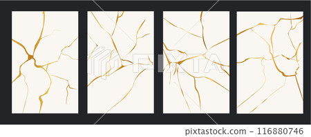 Kintsugi gold simple break lines, asian geaometric crackle. Surface with crack print, effect. Moderm cover golden broken texture. Kintsugi gold simple break lines, asian geaometric crackle. Surface with crack print, effect. Moderm cover golden broken texture. 116880746