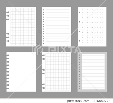 Set of notebook sheets isolated on gray background. Realistic white blanks of checkered, lined and dots paper. Different vertical pages from diary. Vector template 116880778