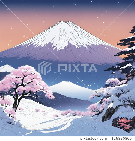 Snow, cherry blossoms and Mt. Fuji 116880806