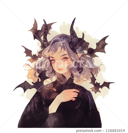 A woman with long hair and horns on her head is surrounded by bats. The image has a dark and eerie mood, with the woman's appearance and the presence of the bats creating a sense of danger and mystery 116881014