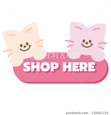 SHOP HERE sale icon with cat for pet shop, online shopping, marketing, promotion, sticker, banner, discount, social media, print, template, campaign badge, web, mobile, brochure, icon, kitten patch 116881154
