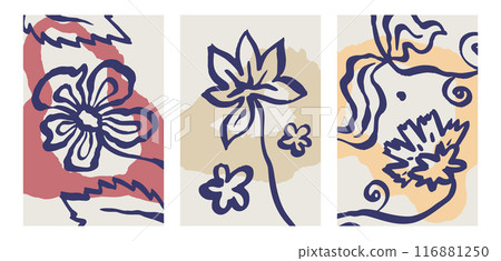 Posters or cards set with ink brush abstract flower sketch and grungy organic shapes Posters or cards set with ink brush abstract flower sketch and grungy organic shapes 116881250