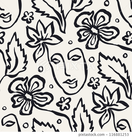 Black and white brush strokes ink wash flowers and female faces seamless pattern 116881253